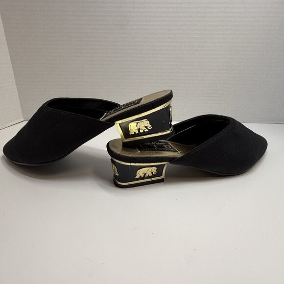 Vintage Coup D’etat Black Fabric Upper Gold Elephant Heel Slip On Mules Sz 7.5 - Picture 2 of 9